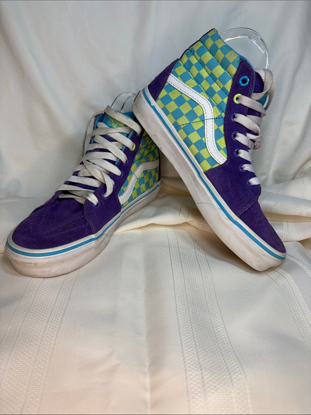 Vans Sk8-Hi Crazy Check-Ultraviolet High Top Sneakers in Purple, Blue & Lime